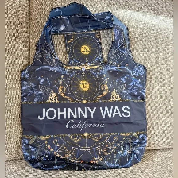 Johnny Was California Reusable Shopping Bag Tote Blue Gold Moon Packable New - Picture 6 of 12